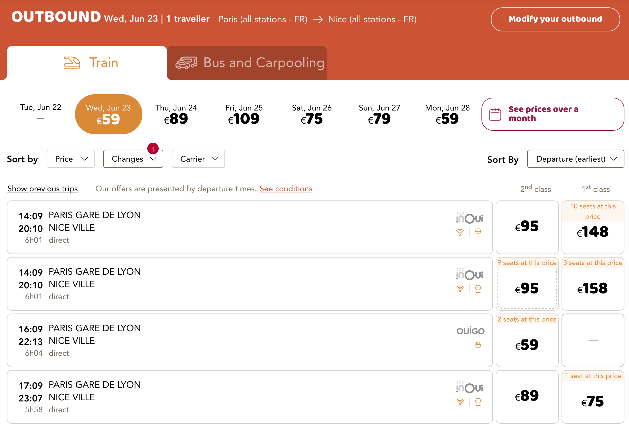 Booking a ticket from Paris to Nice on the SNCF website