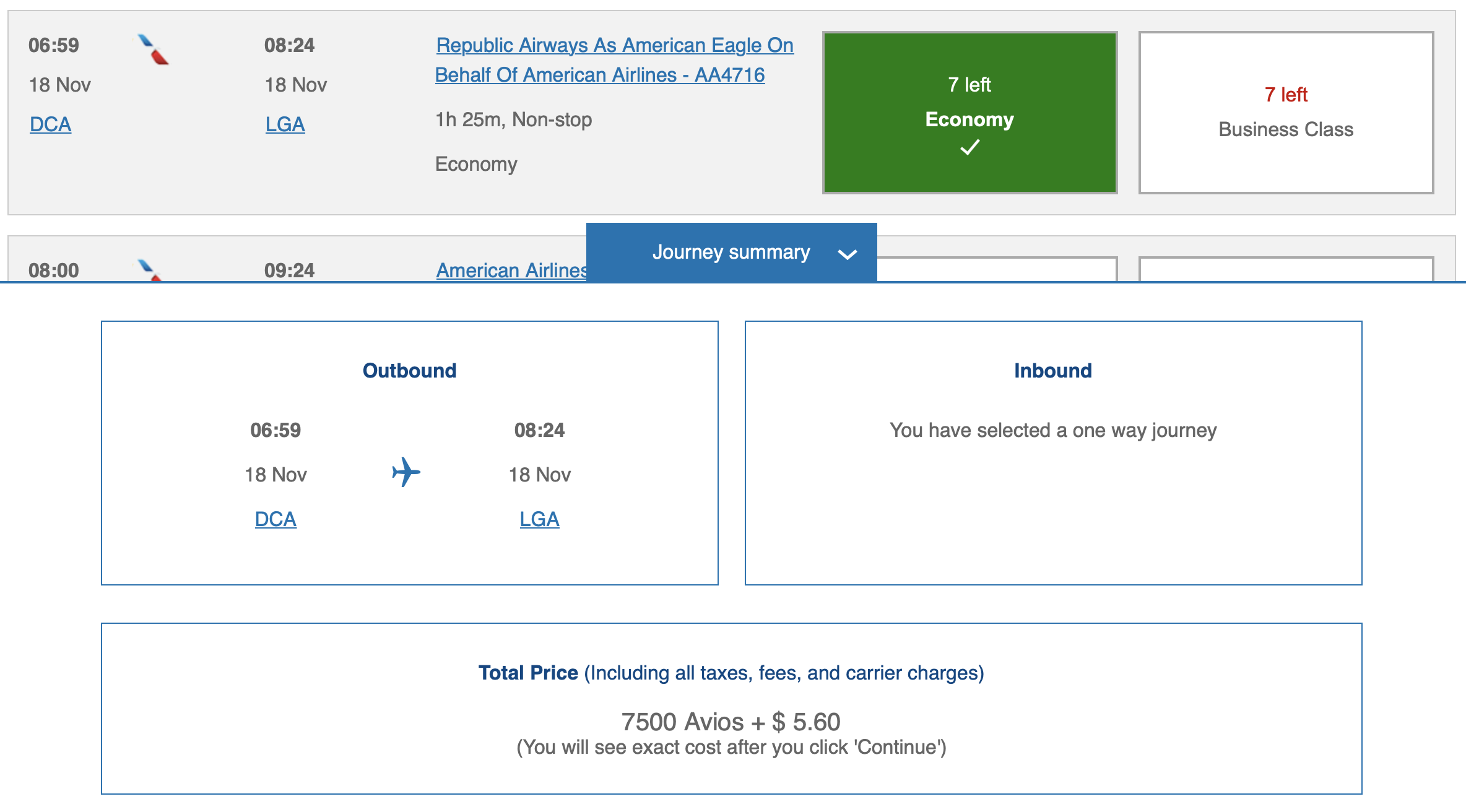 British Airways award on American from DCA to LGA