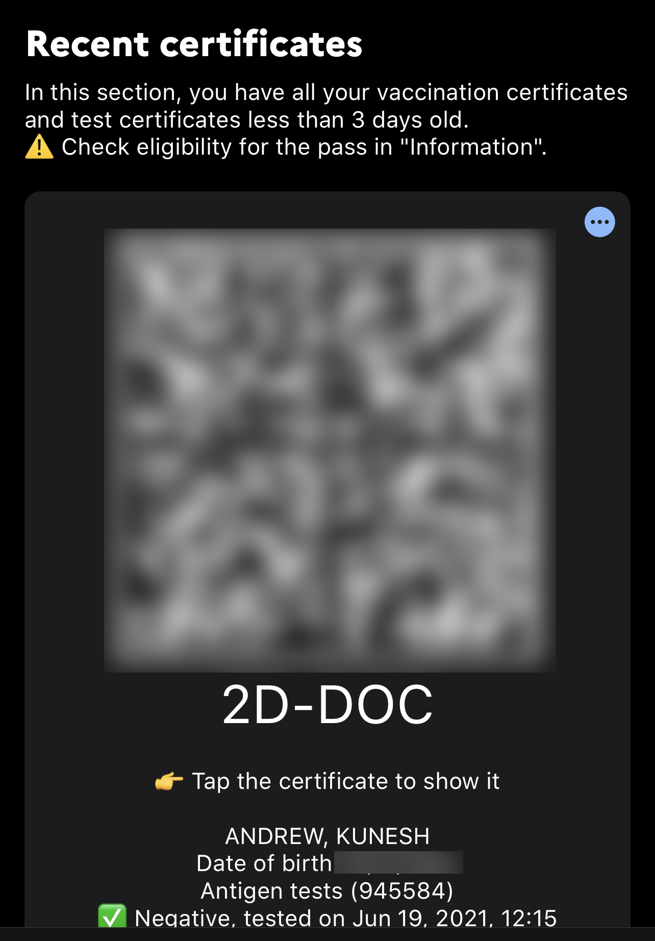 COVID test in the TousAntiCOVID app