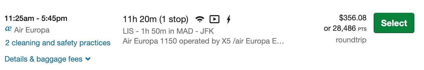 Chase Ultimate Rewards JFK-MAD Air Europa $356 fareChase Ultimate Rewards JFK-MAD Air Europa fare $356 cash or 28,480 points