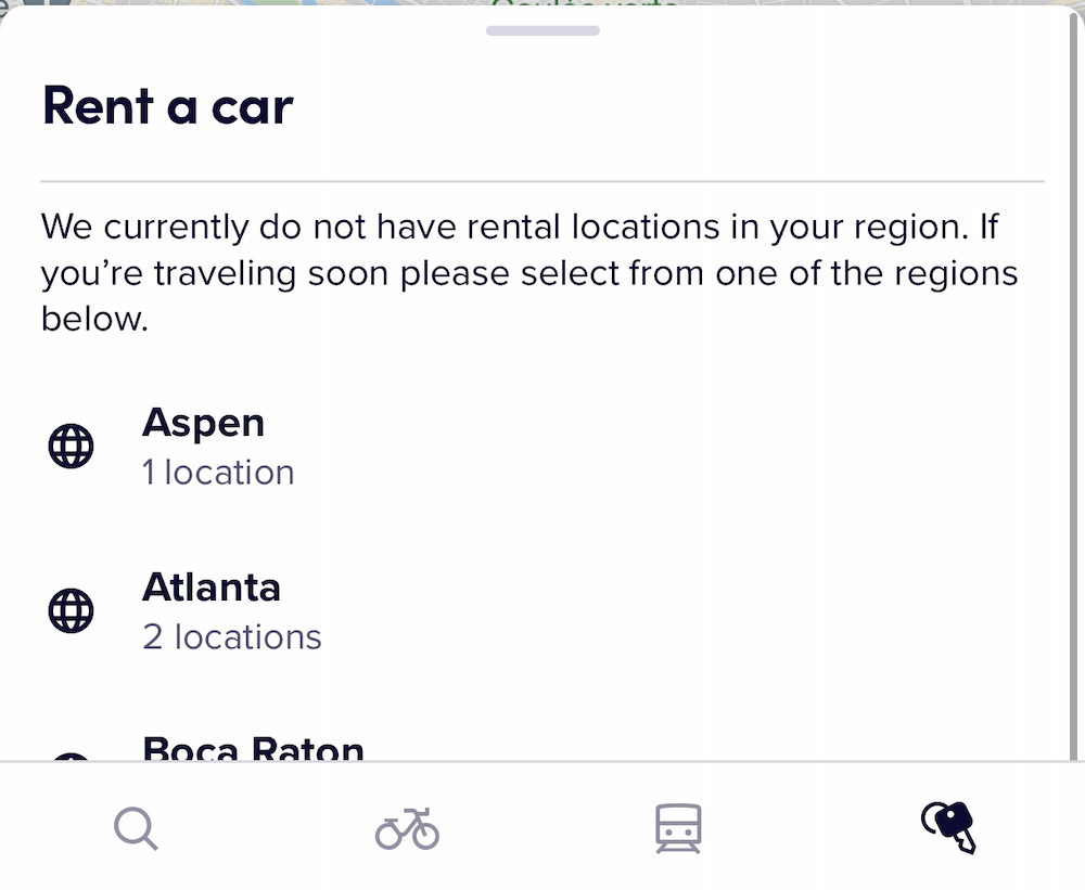 Choosing a rental car location in the Lyft app