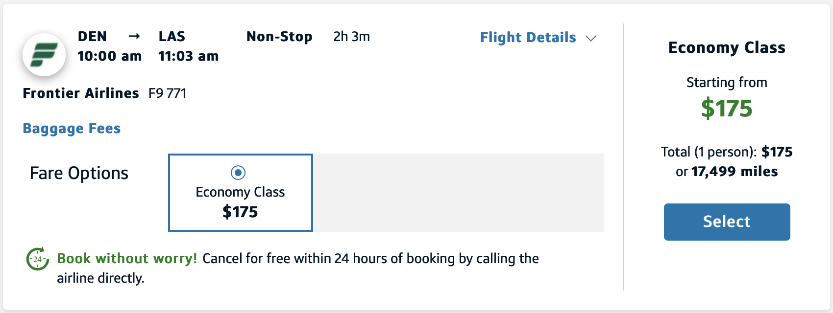 DEN to LAS on the Capital One travel portal