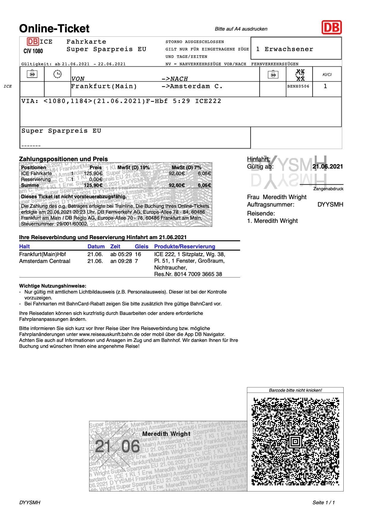 My train ticket to Amsterdam.