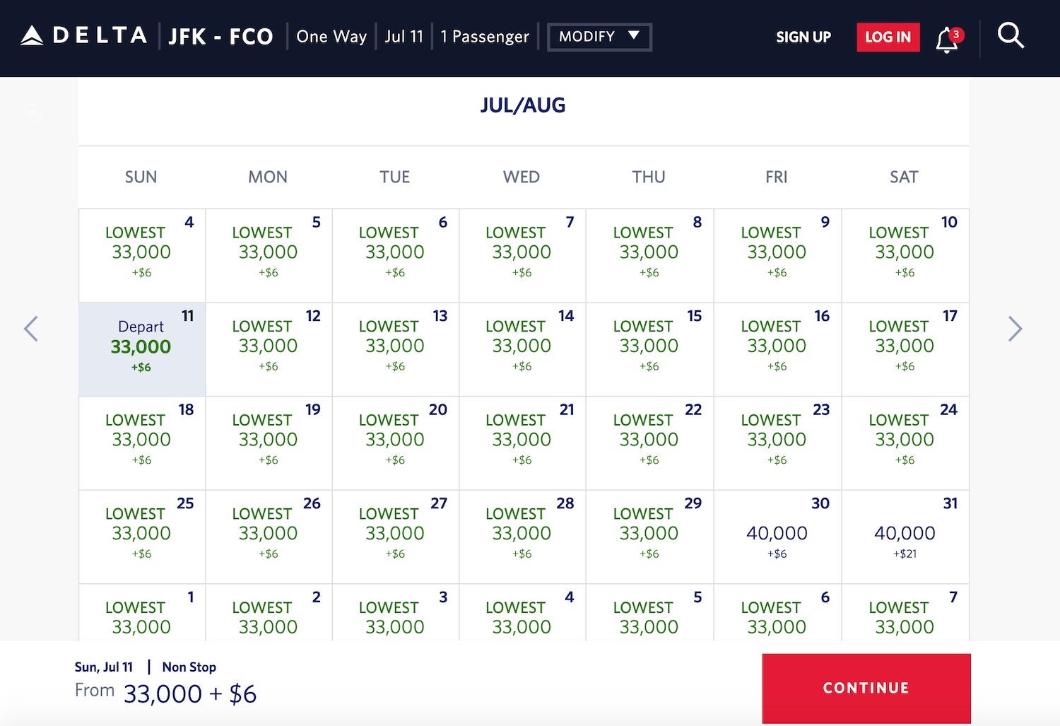 Delta JFK-FCO award space July 2021