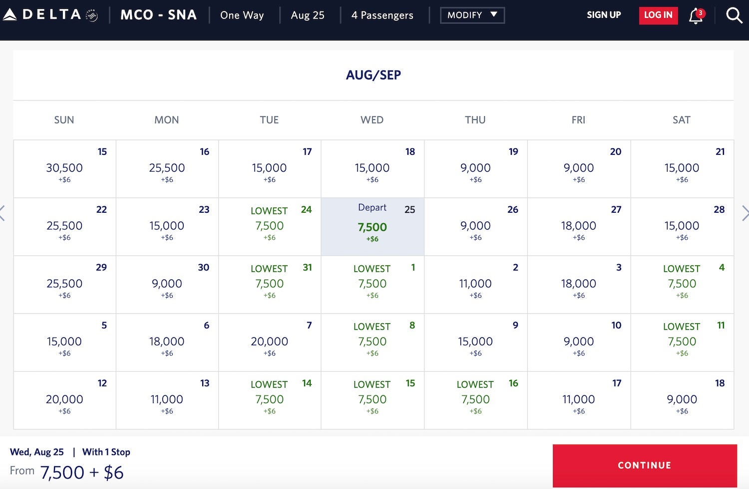 Delta MCO-SNA award calendar august 2021