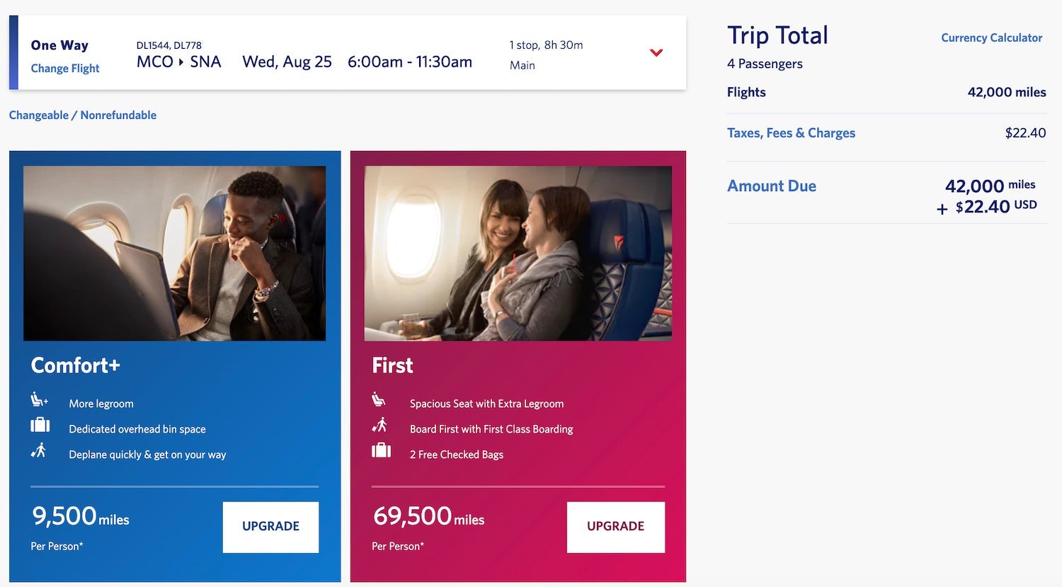 Delta MCO-SNA award ticket summary