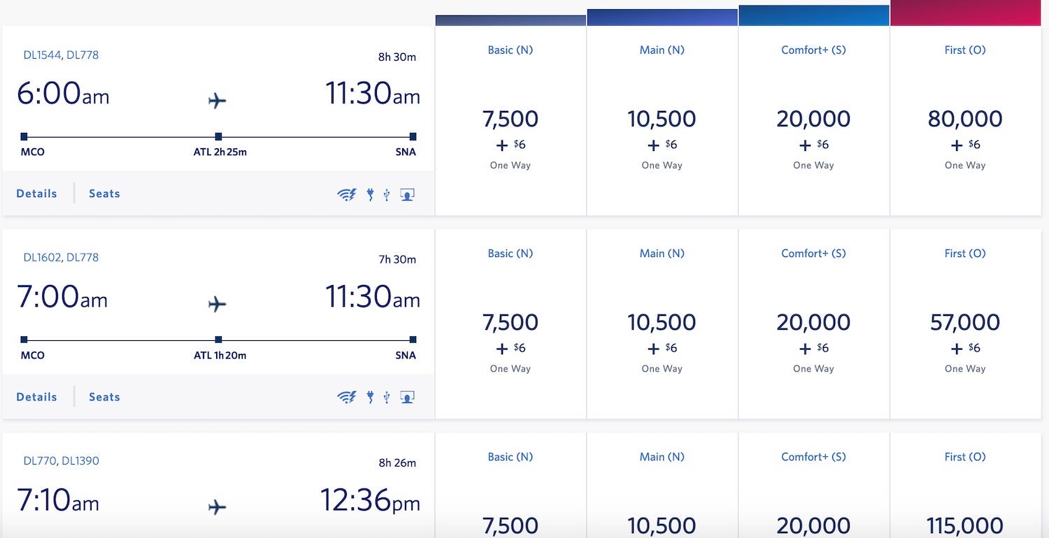 Delta MCO-SNA flight options aug 25 2021