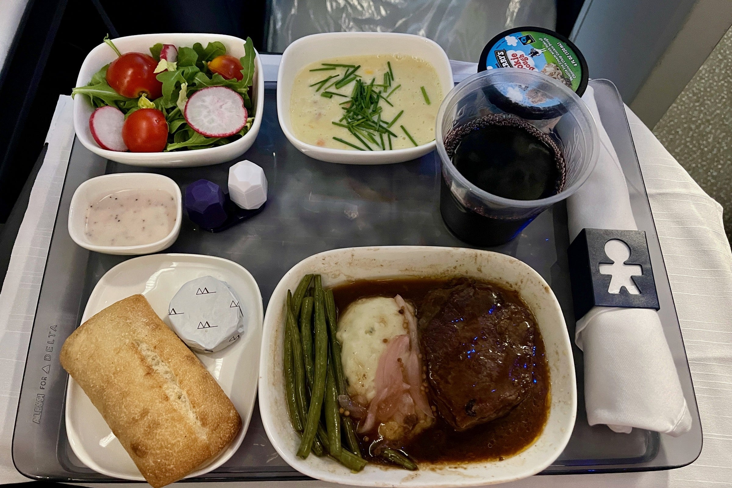 Delta One dinner on overnight flight from JFK to CDG