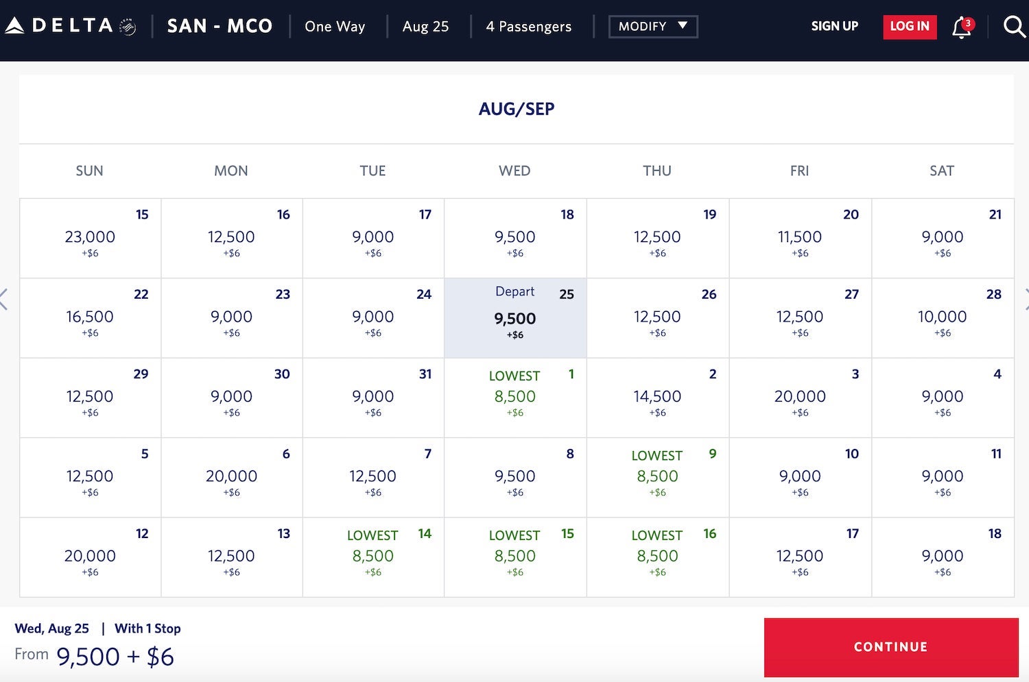 Delta SAN-MCO award calendar august 2021