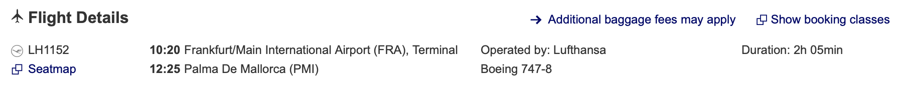 Frankfurt to Mallorca Lufthansa flight details