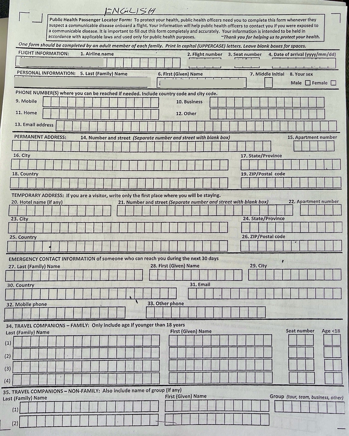 French contact teacing form in English
