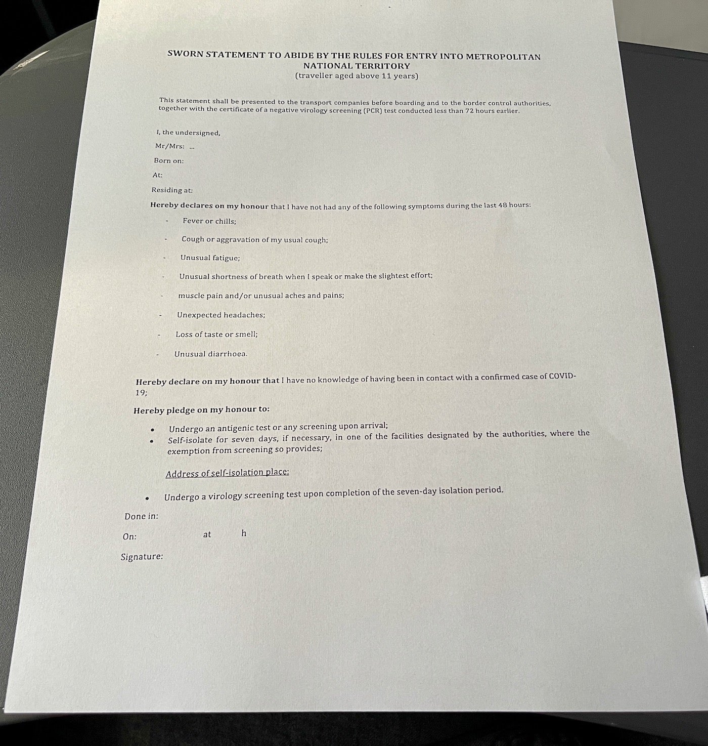 French sworn declaration form