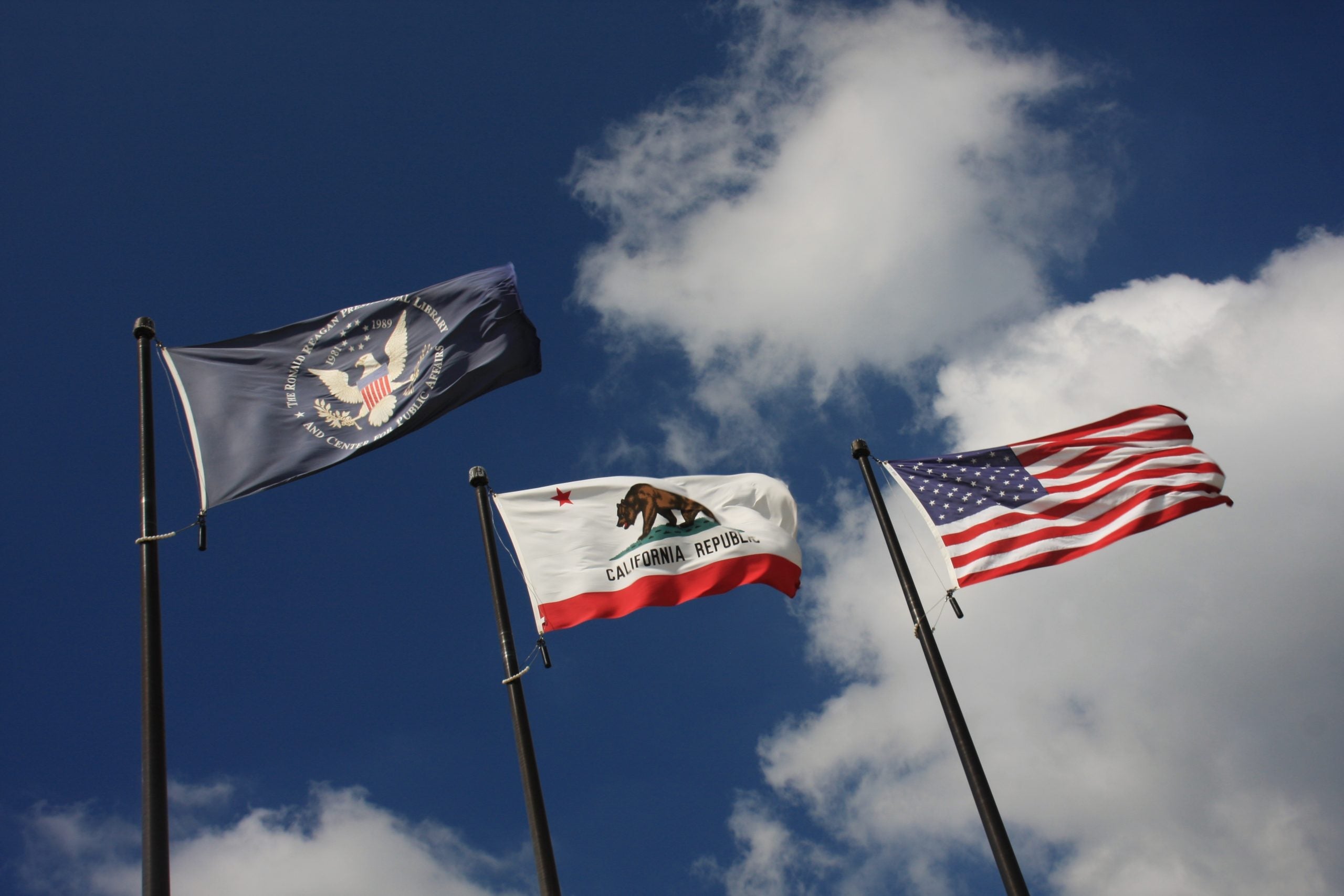 Reagan Library flag, California flag, and American flag at Ronald Reagan Library, Simi Valley, California, November 2006.