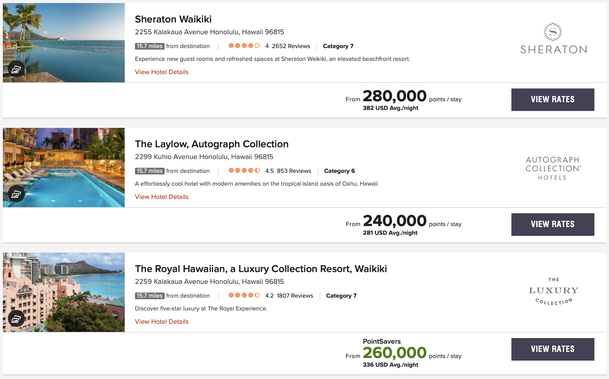 Hotel search results on Marriott's website