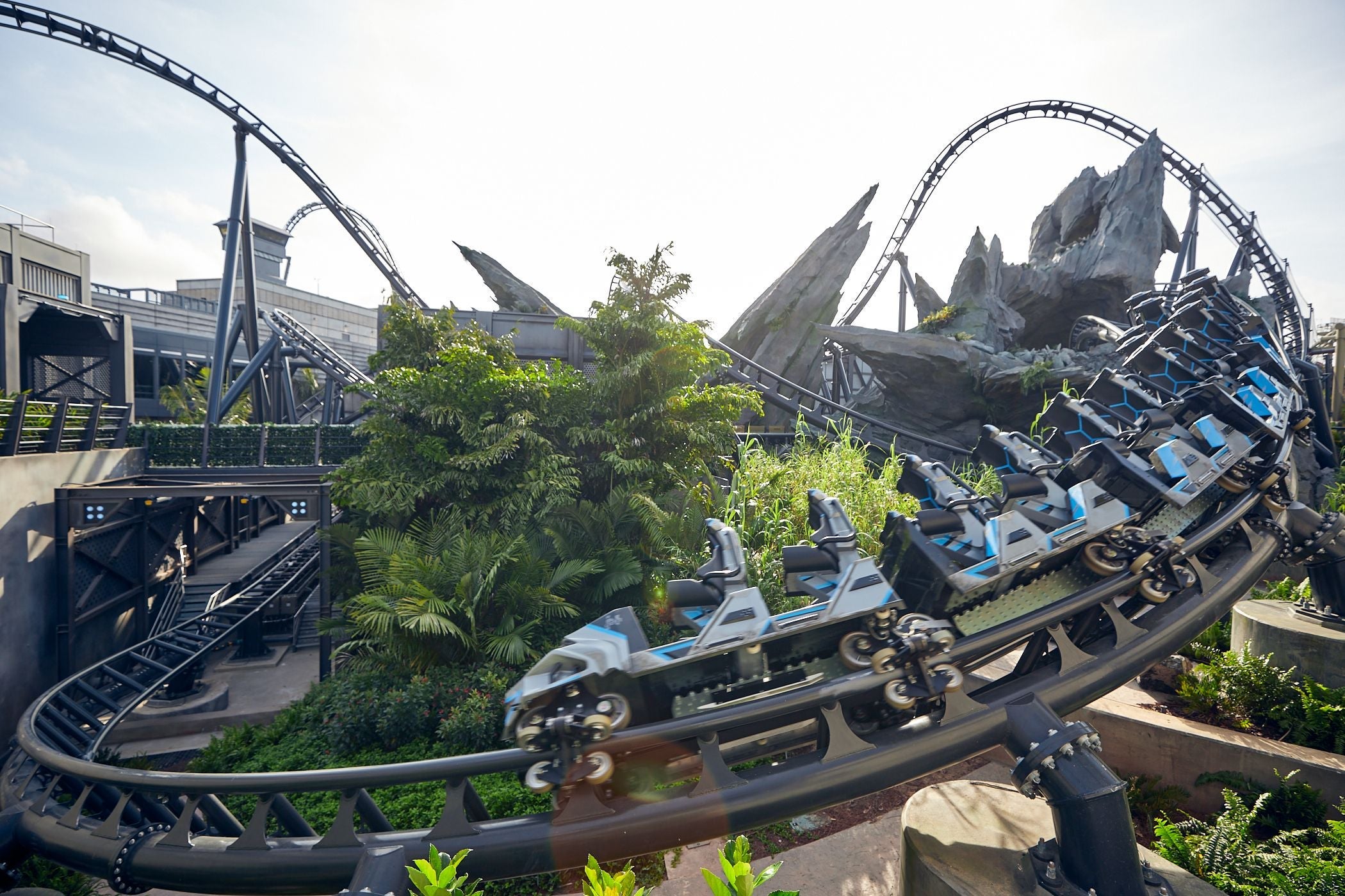 Jurassic World Velocicoaster as it zooms by on the tracks at Universal Orlando