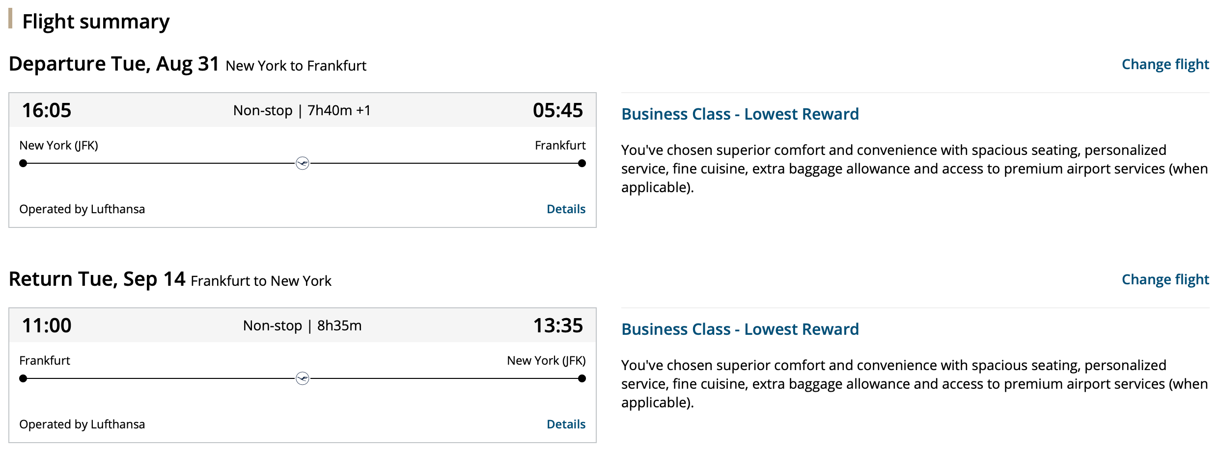 JFK to FRA round-trip business class award Aeroplan