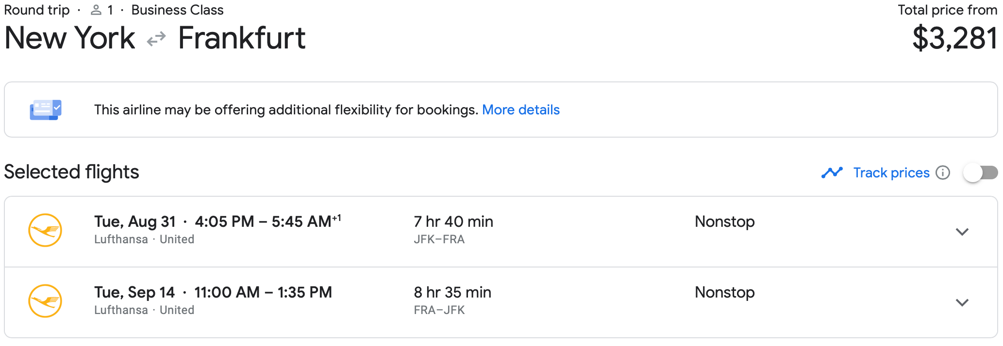 JFK to FRA round-trip business class ticket on Google Flights