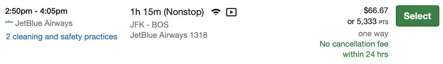 JetBlue flight from JFK to BOS on the Chase portal