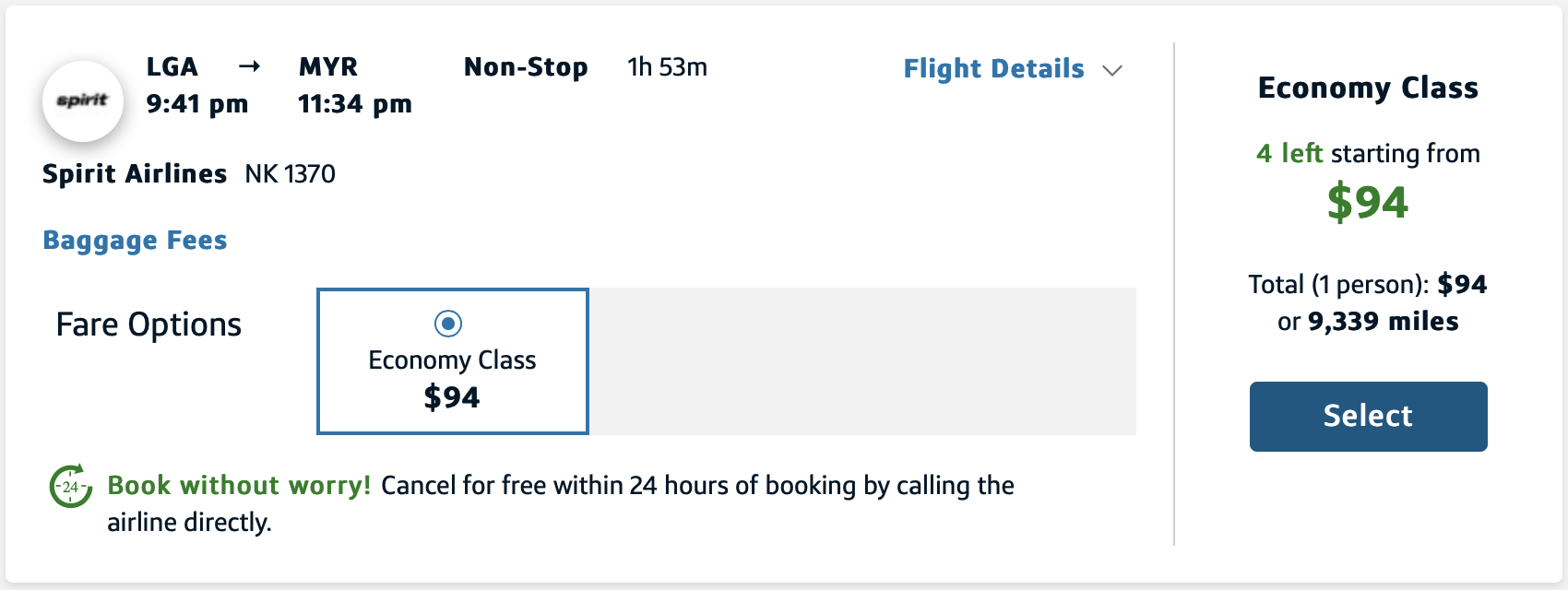 LGA to MYR on the Capital One travel portal