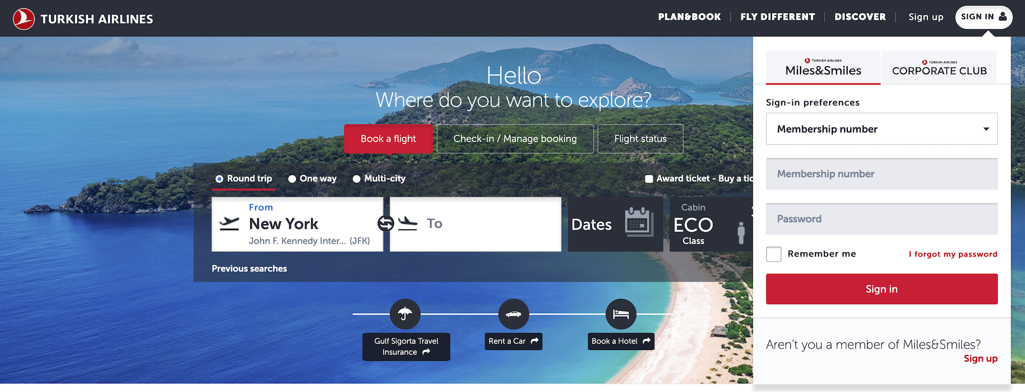 Logging into the Turkish Airlines website