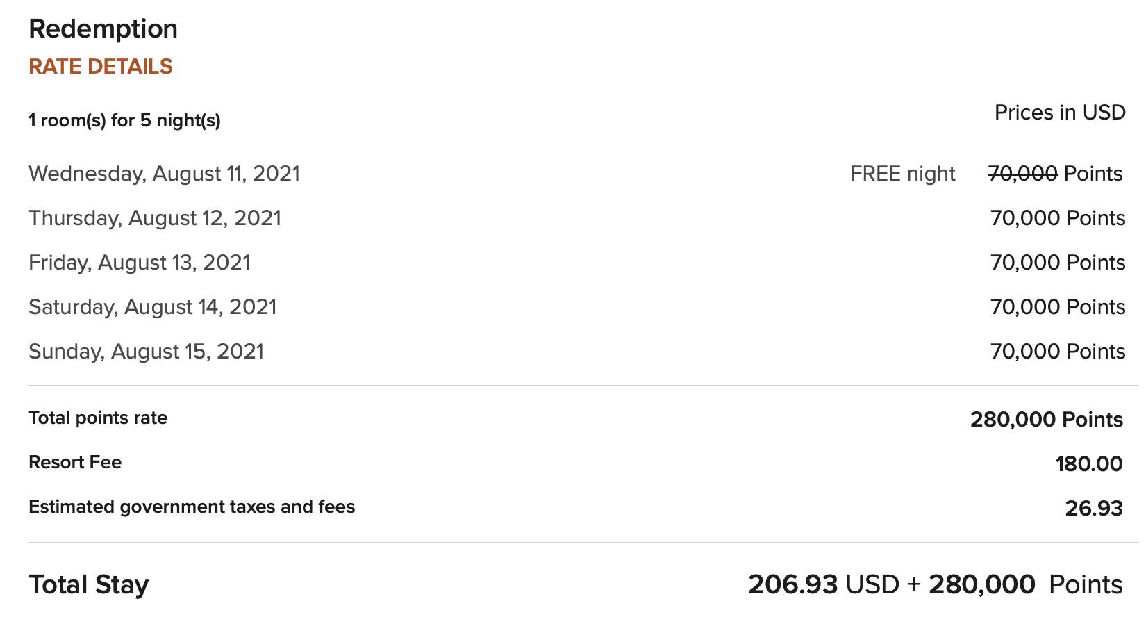 Marriott award with a fifth-night free