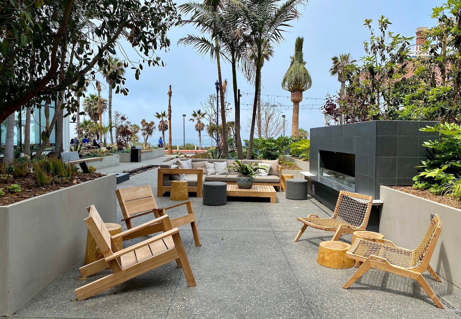 Mission Pacific hotel outdoor lounge and fireplace