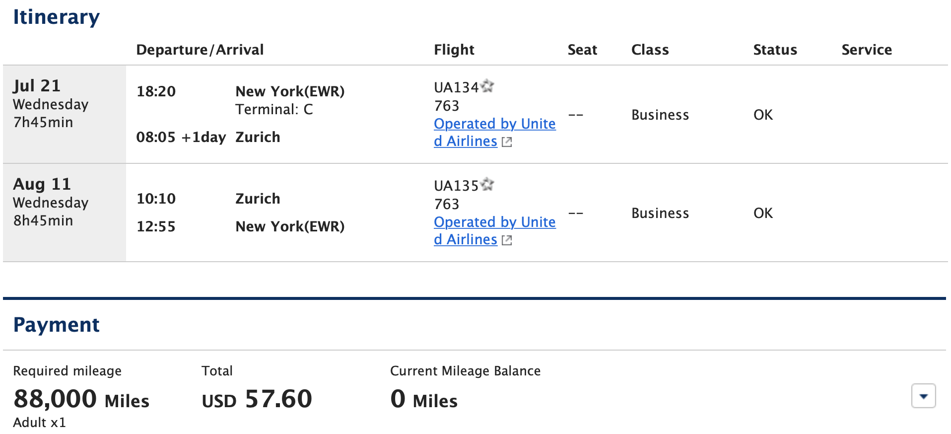Newark to Zurich ANA round-trip business class award on United