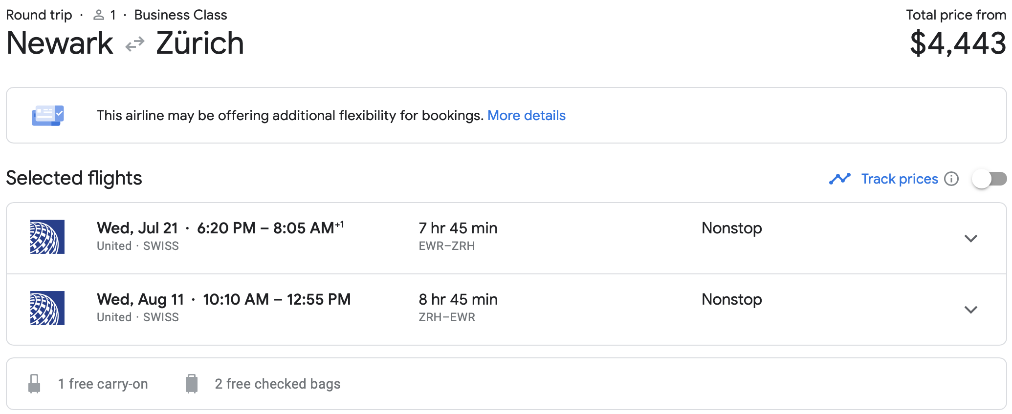 Newark to Zurich round-trip business class pricing on United