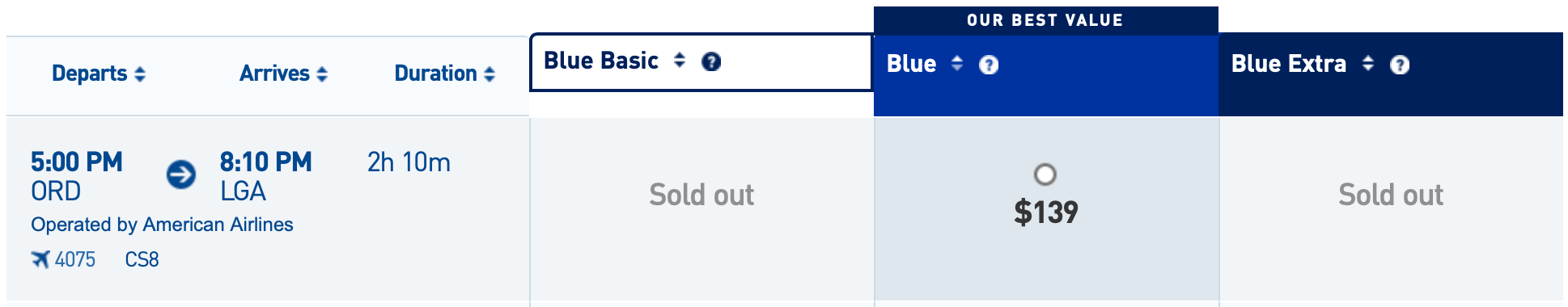 ORD to LGA flight booking on JetBlue.com that's operated by American Airlines