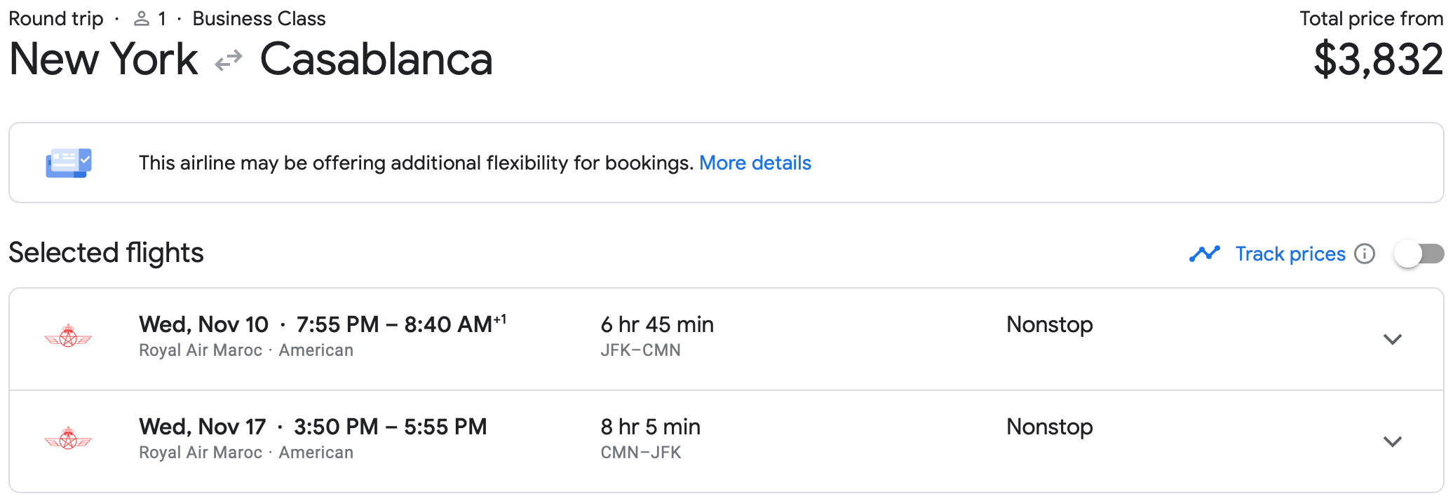 Royal Air Maroc business class itinerary from JFK to CMN