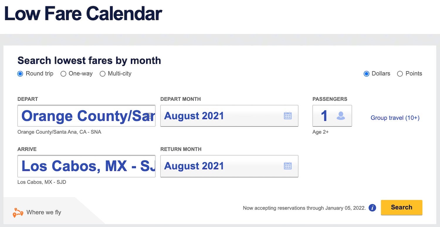 SNA-SJD low fare calendar