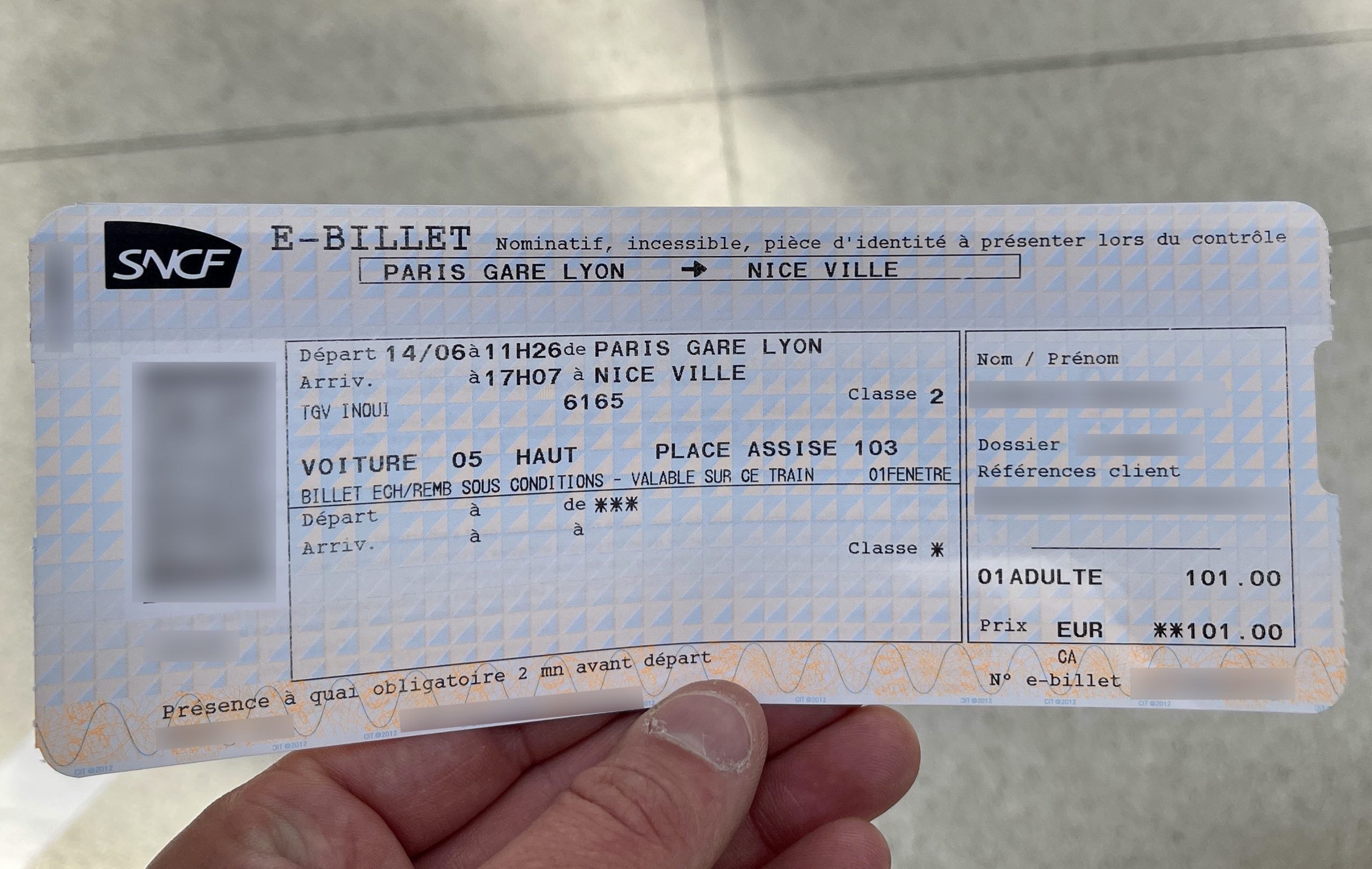 SNCF TGV train ticket from Paris to Nice