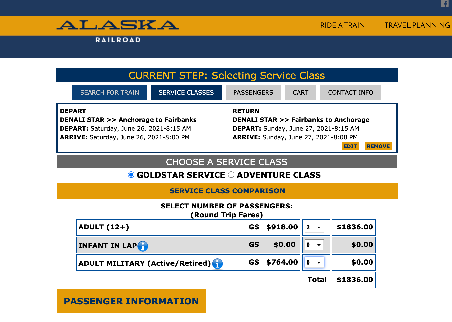 Prices for Gold Star Service on Alaska Railroad.