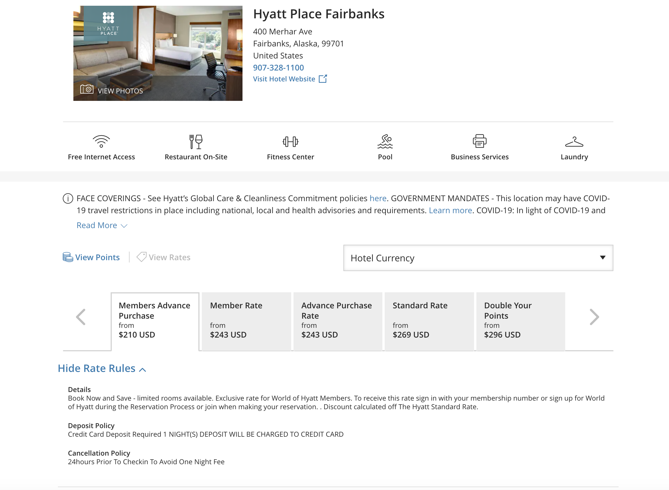 booking page of Hyatt Place Fairbanks