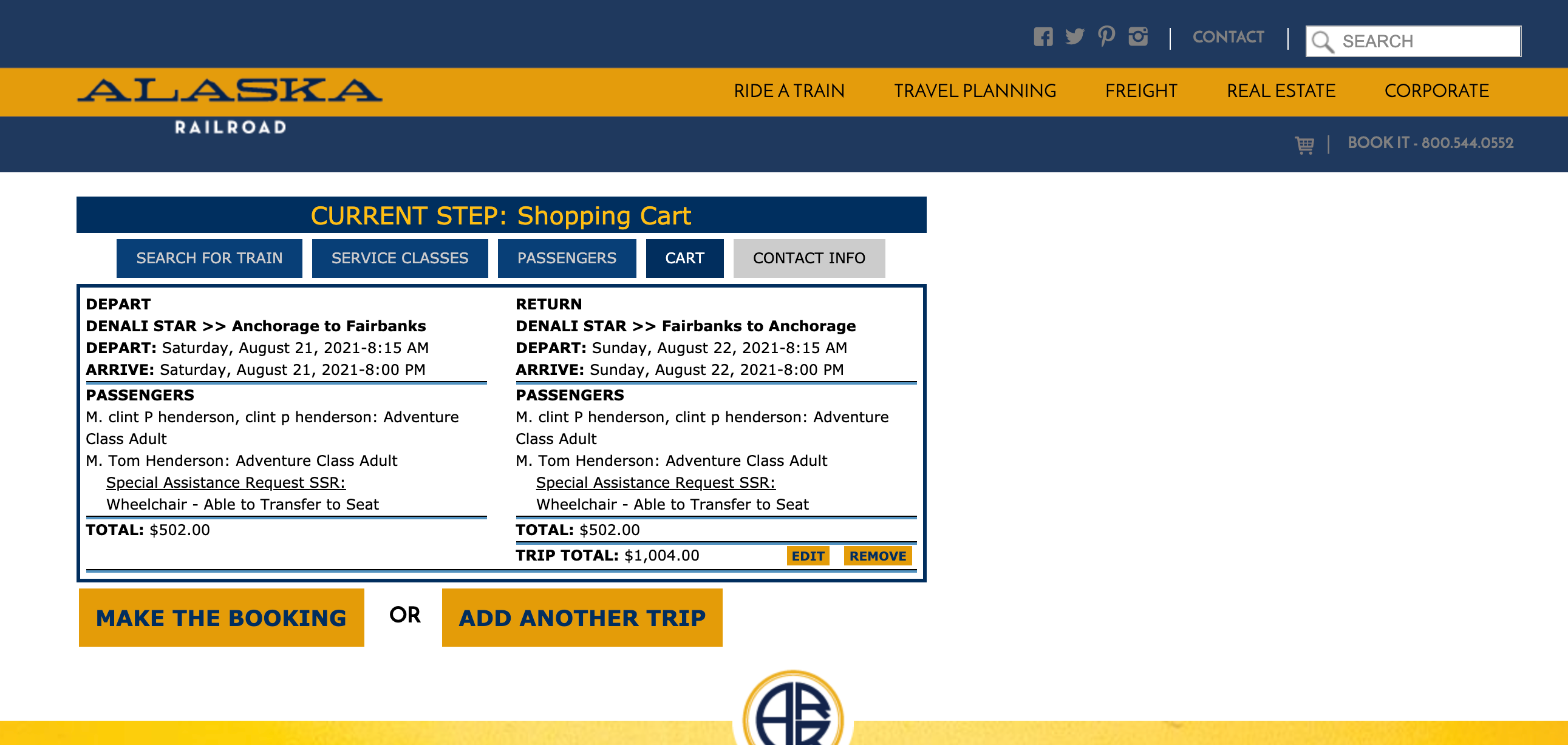 Booking process for Alaska Railroad. (Screenshots courtesy Alaska Railroad)