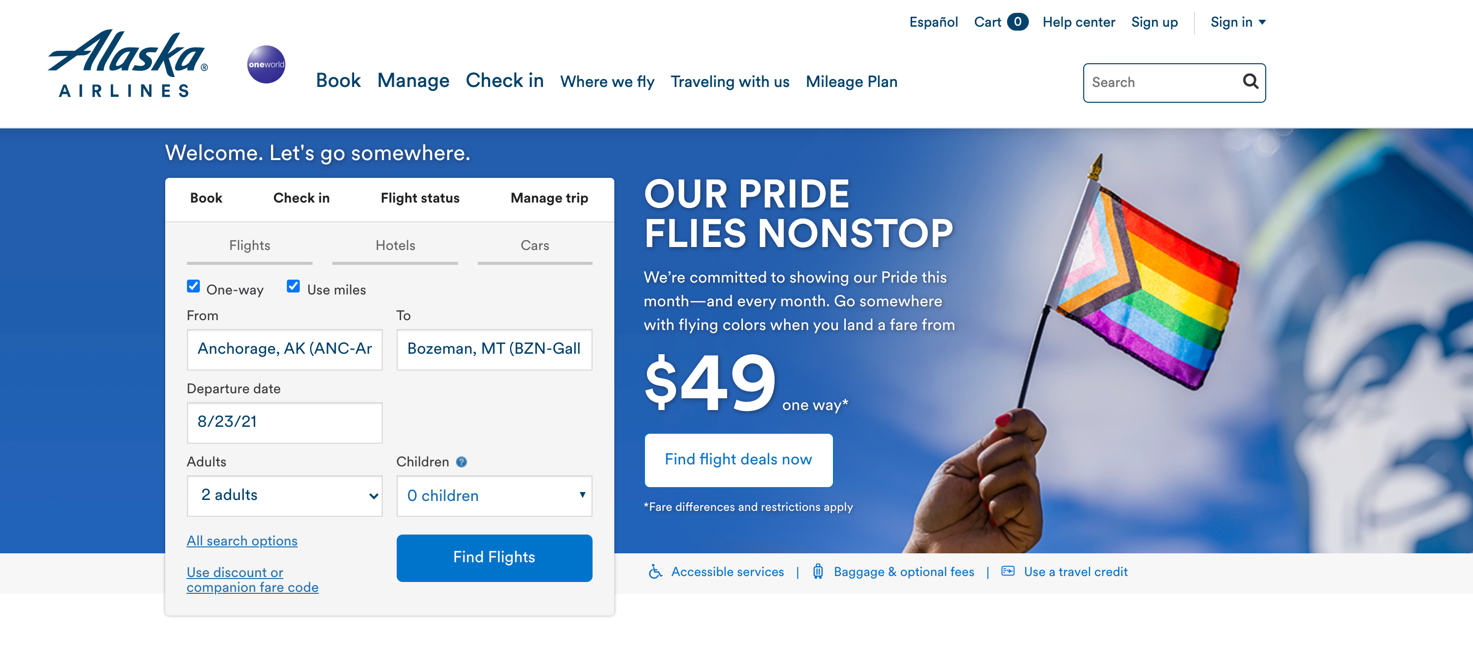 Alaska Airlines homepage showing Pride deals