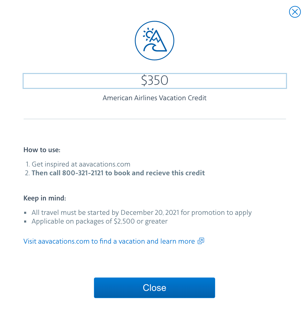 AA coupon for a vacation package