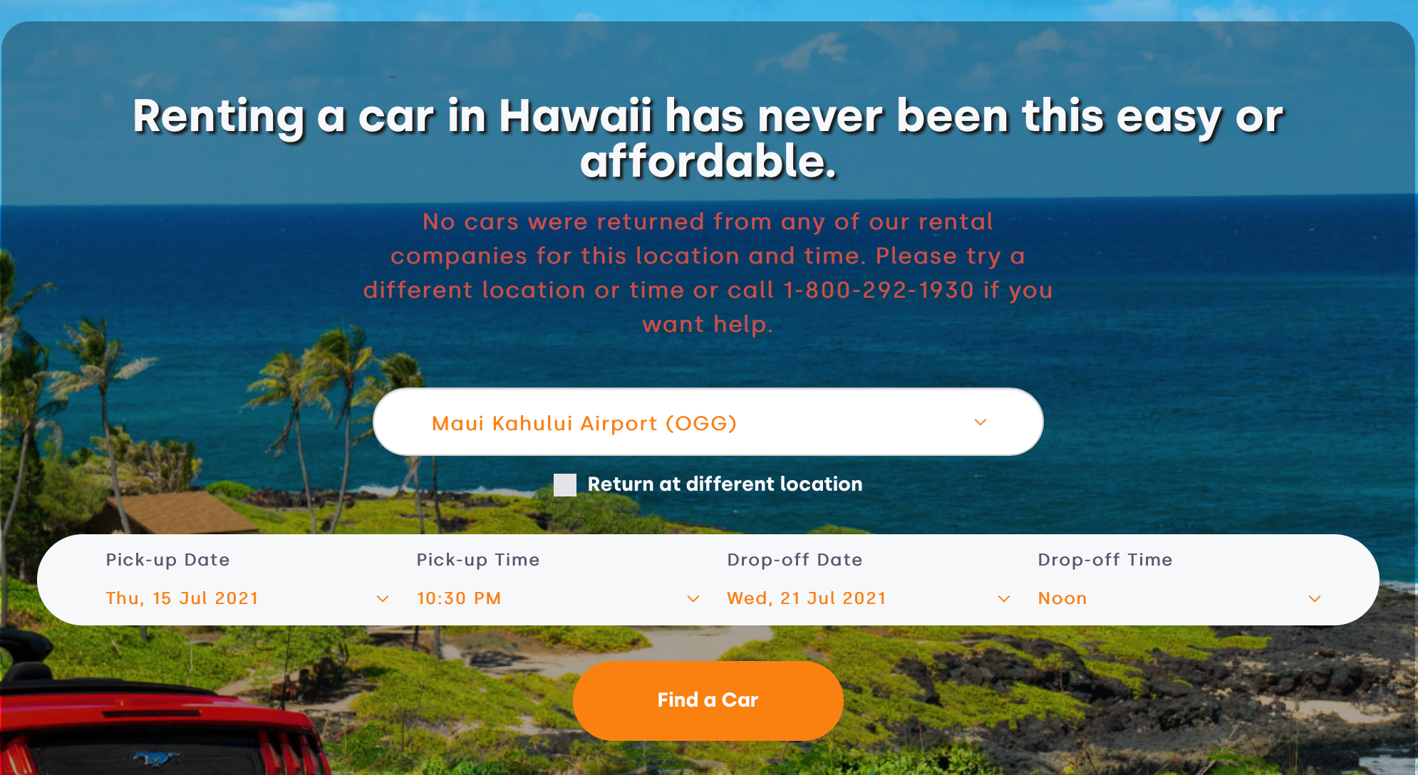 Screenshot from discounthawaiicarrental.com showing sold out cars on Kauai. 