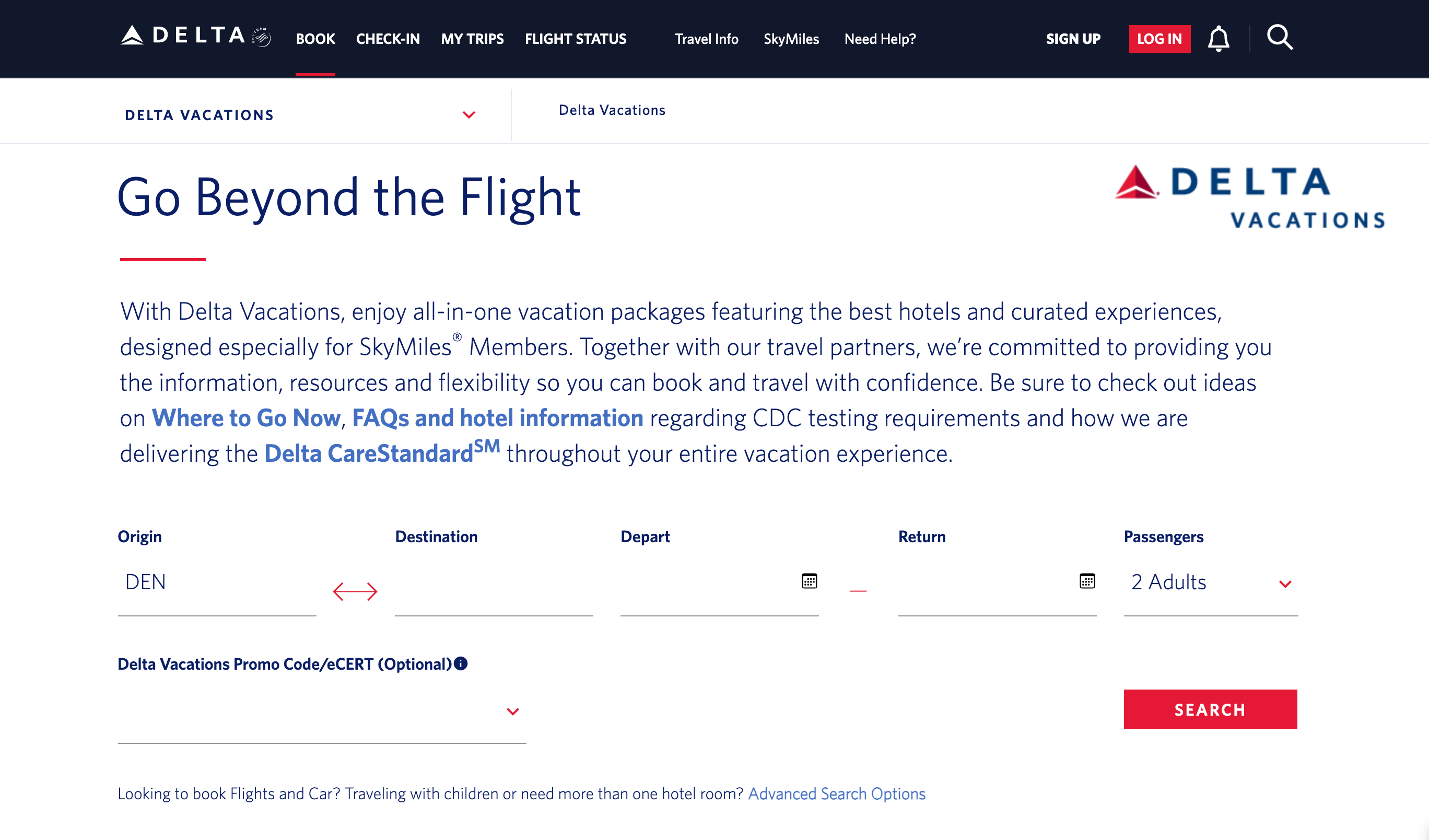 Delta Vacations booking page.