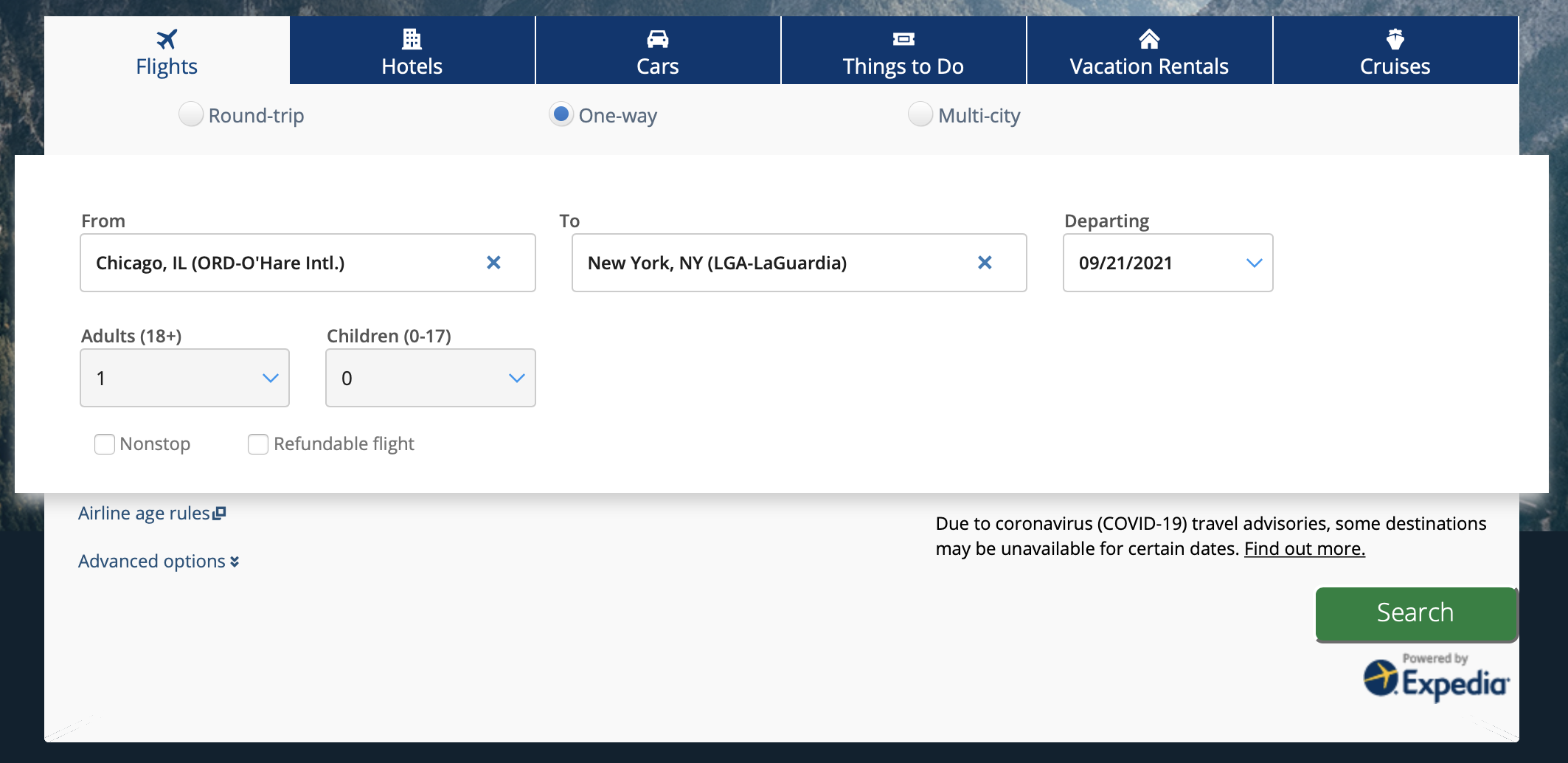 Searching for a flight on the Chase travel portal