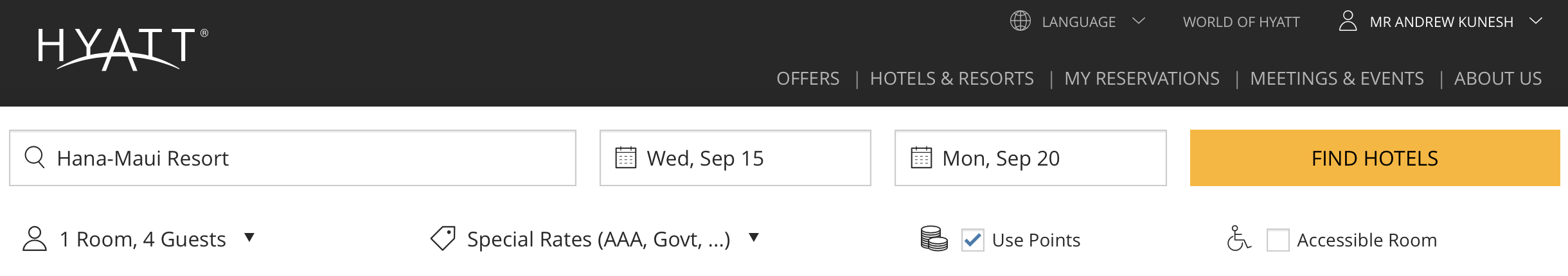 Searching for a hotel on Hyatt's website