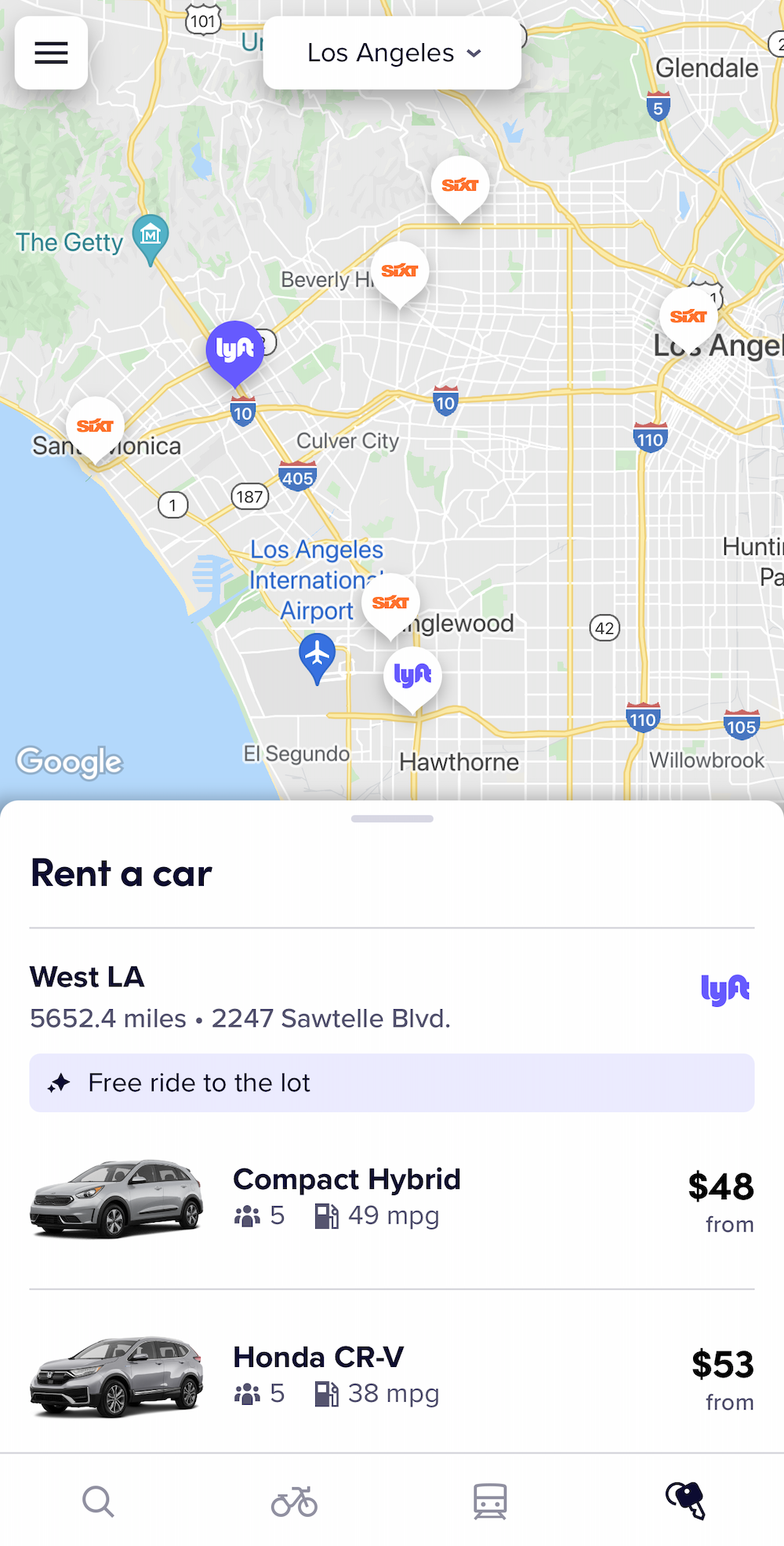 Selecting a rental car type in the Lyft app