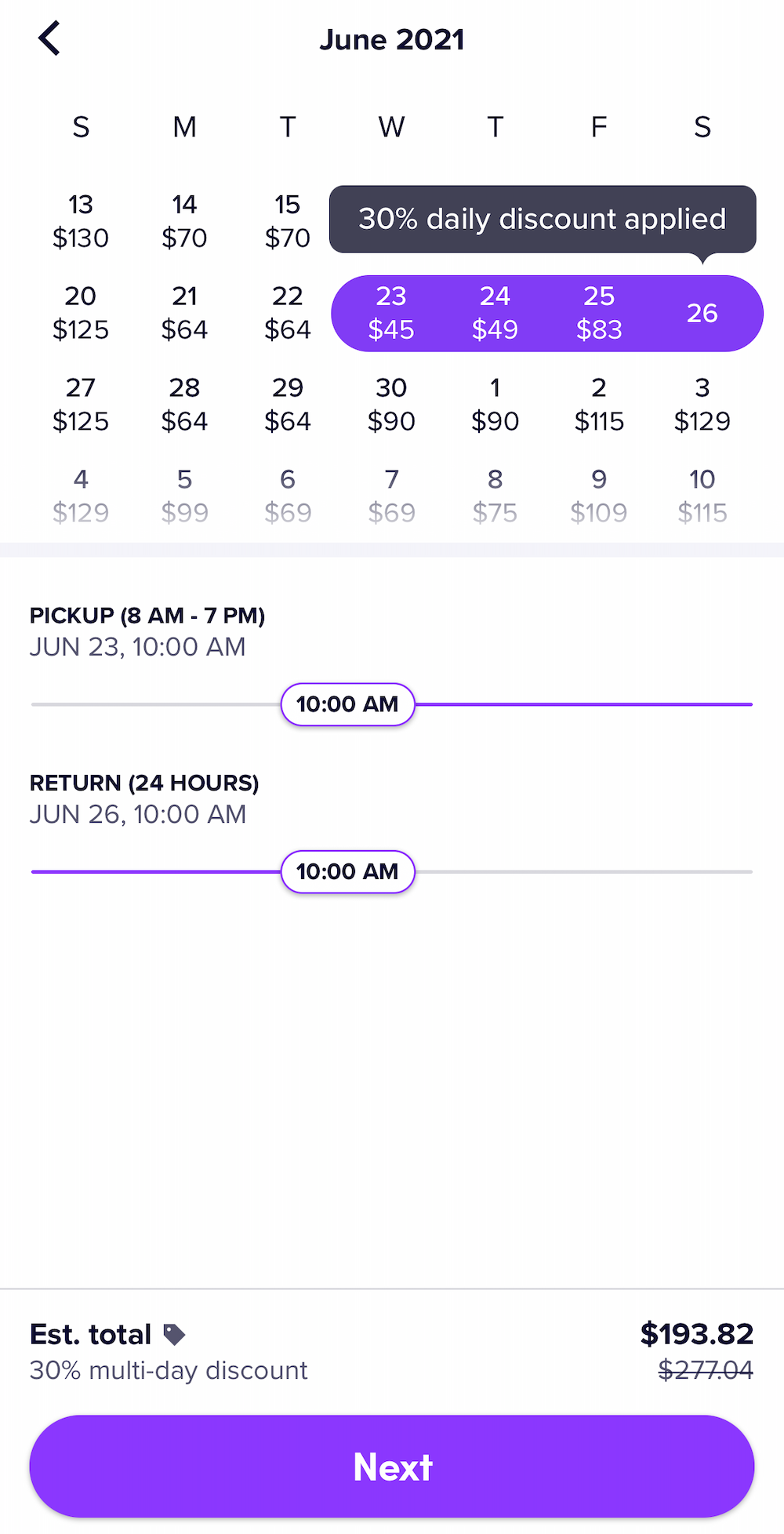 Selecting rental car dates and times in the Lyft app