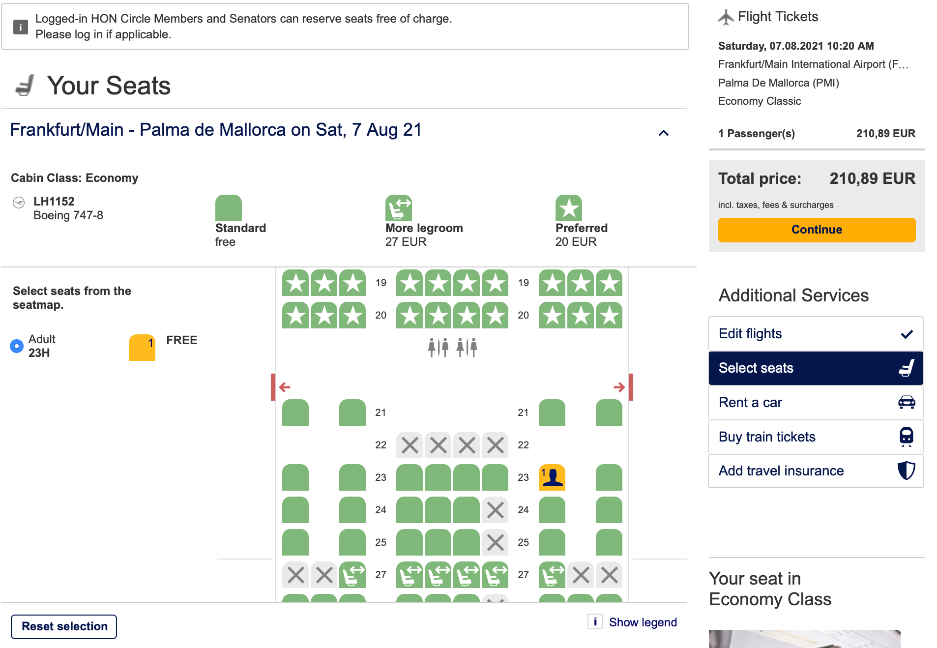 Selecting seat on Lufthansa website