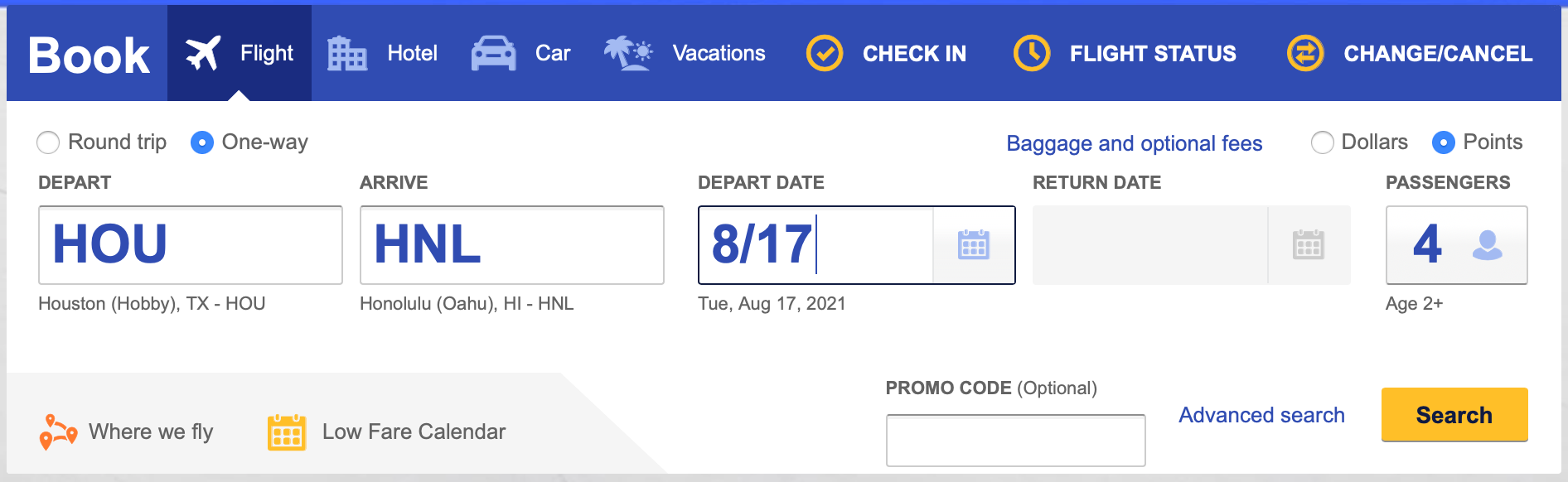 Setting up an award search on Southwest.com