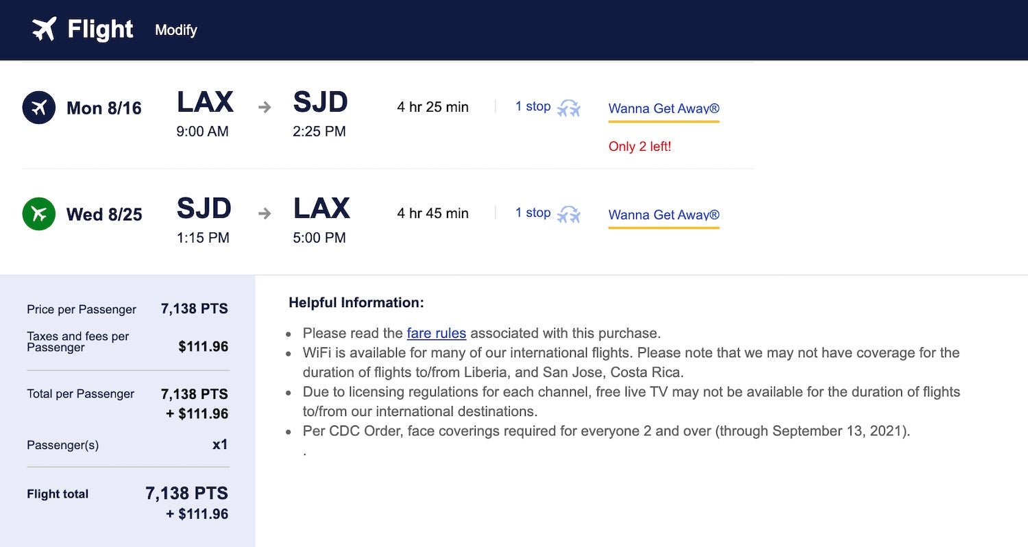 Southwest LAX-SJD award 7138 points