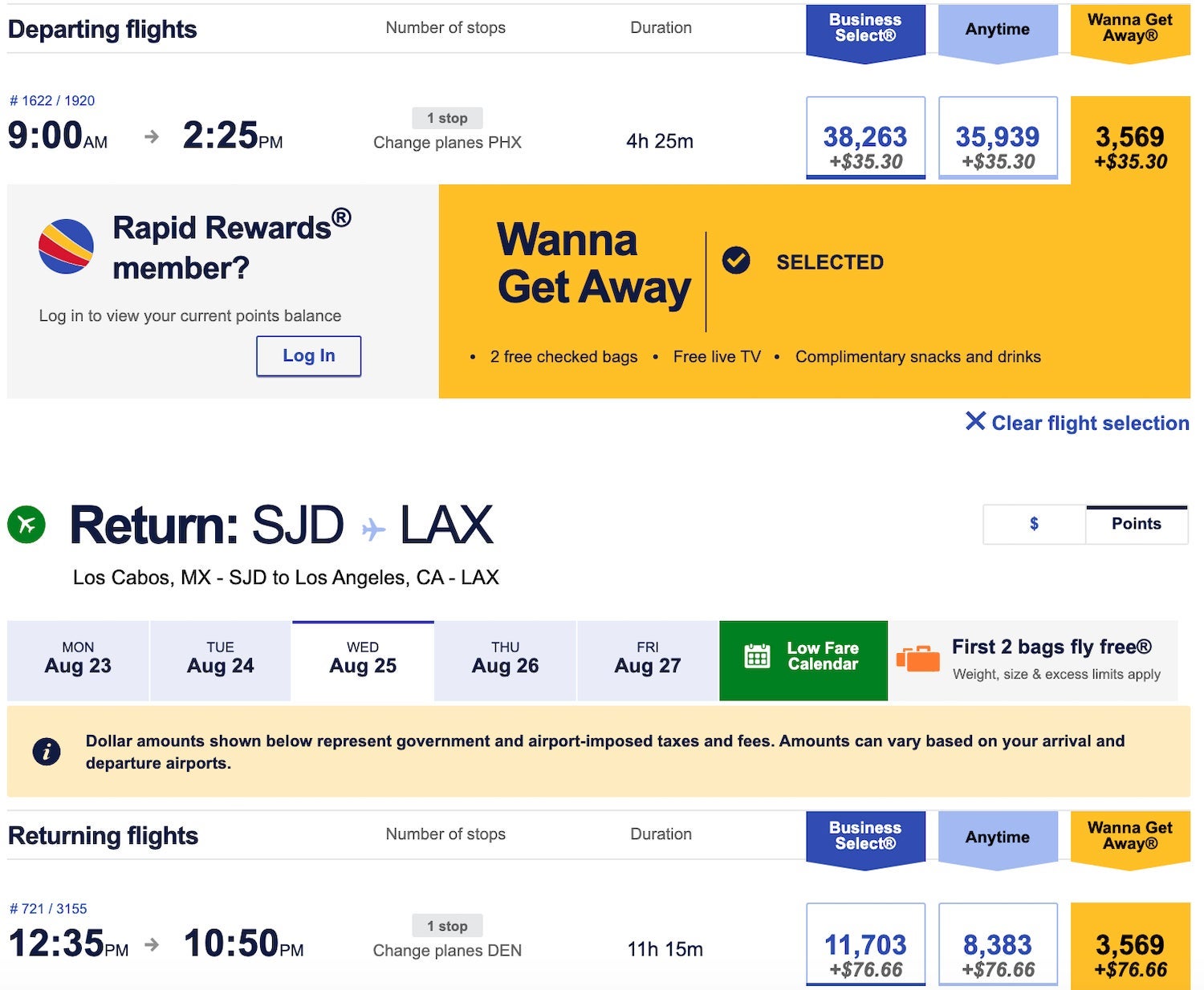Southwest LAX-SJD award ticket August 2021