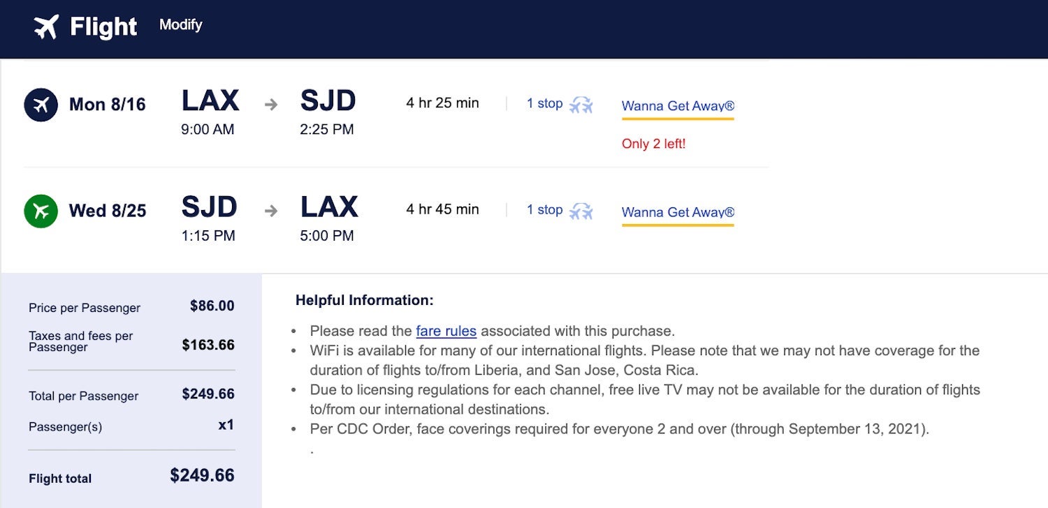 Southwest LAX-SJD wanna get away fare August 2021