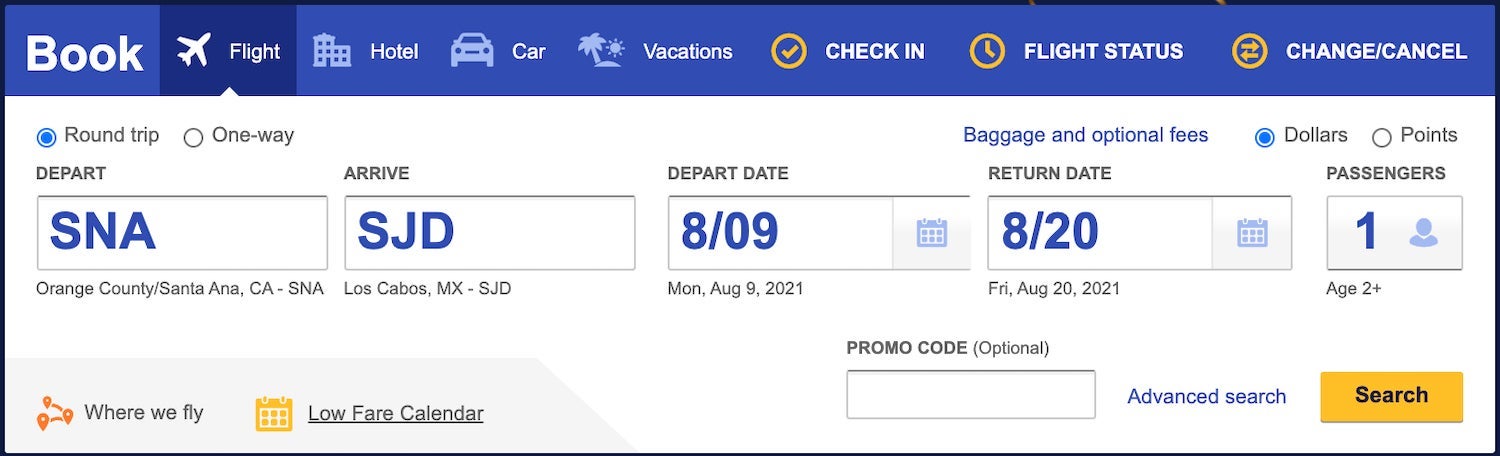 Southwest fares SNA-SJD