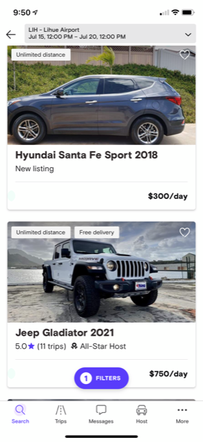Turo prices for LIH, July 2021. (Screenshot courtesy Turo)